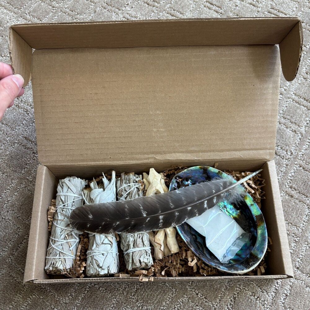 Sarimoire Sage Smuge Sticks Kit Bundle of 3 Feather Shell Bowl Palo Santo Box